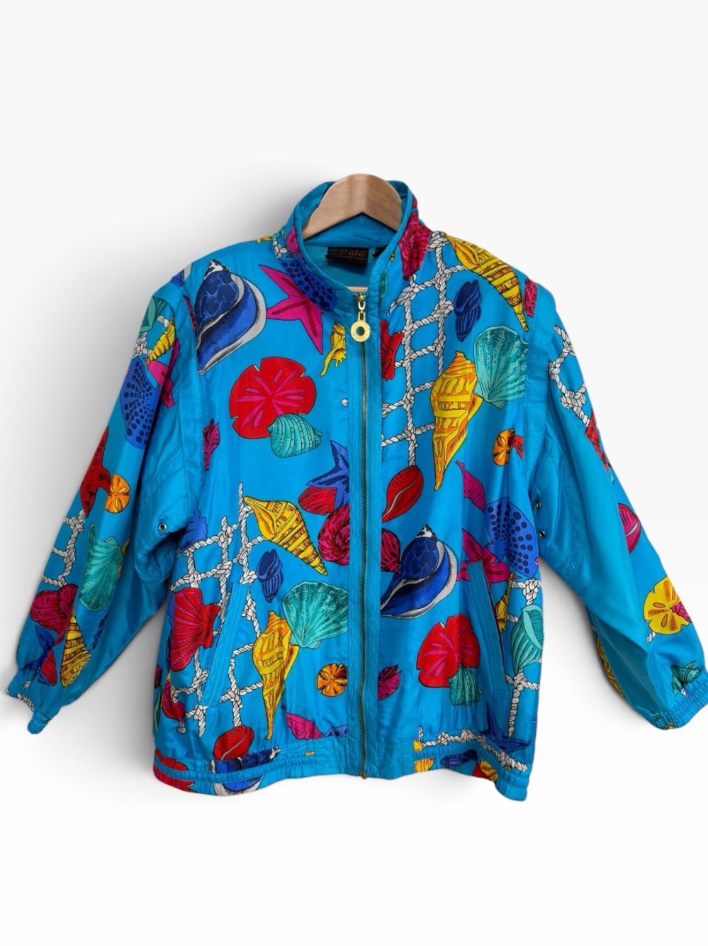 Mureli Vintage 80s Blue Silk Seashell Nautical Novelty Print Jacket Medium